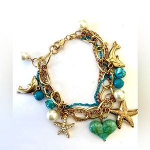 Starfish gold turquoise beaded dolphin Pearl charm bracelet beach heart love